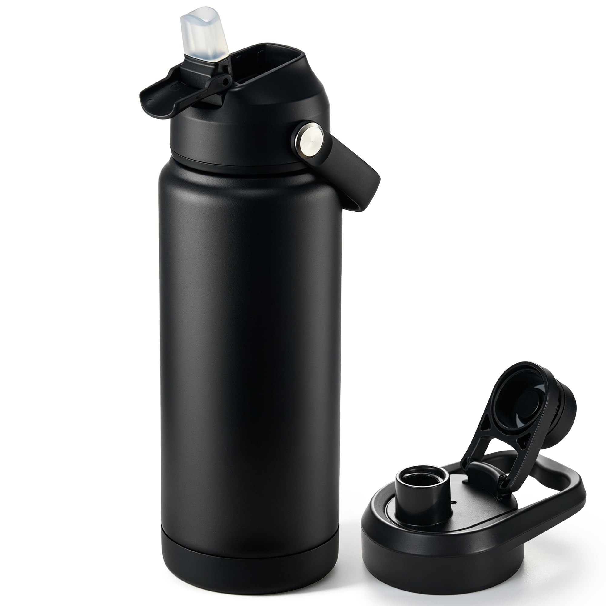 Fijinhom 24 oz Insulated Water Bottle with 2 Lids, Stainless Steel Water Bottles, Double Wall Vacuum, Portable Handle &amp; Non-slip Bottom, BPA Free Leak Proof Metal Bottles, Keep Cold 24H, Black