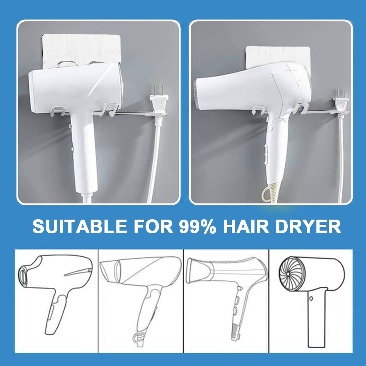 HASTHIP Hair Dryer Holder Wall Mounted Self Adhesive Stand Silver 1