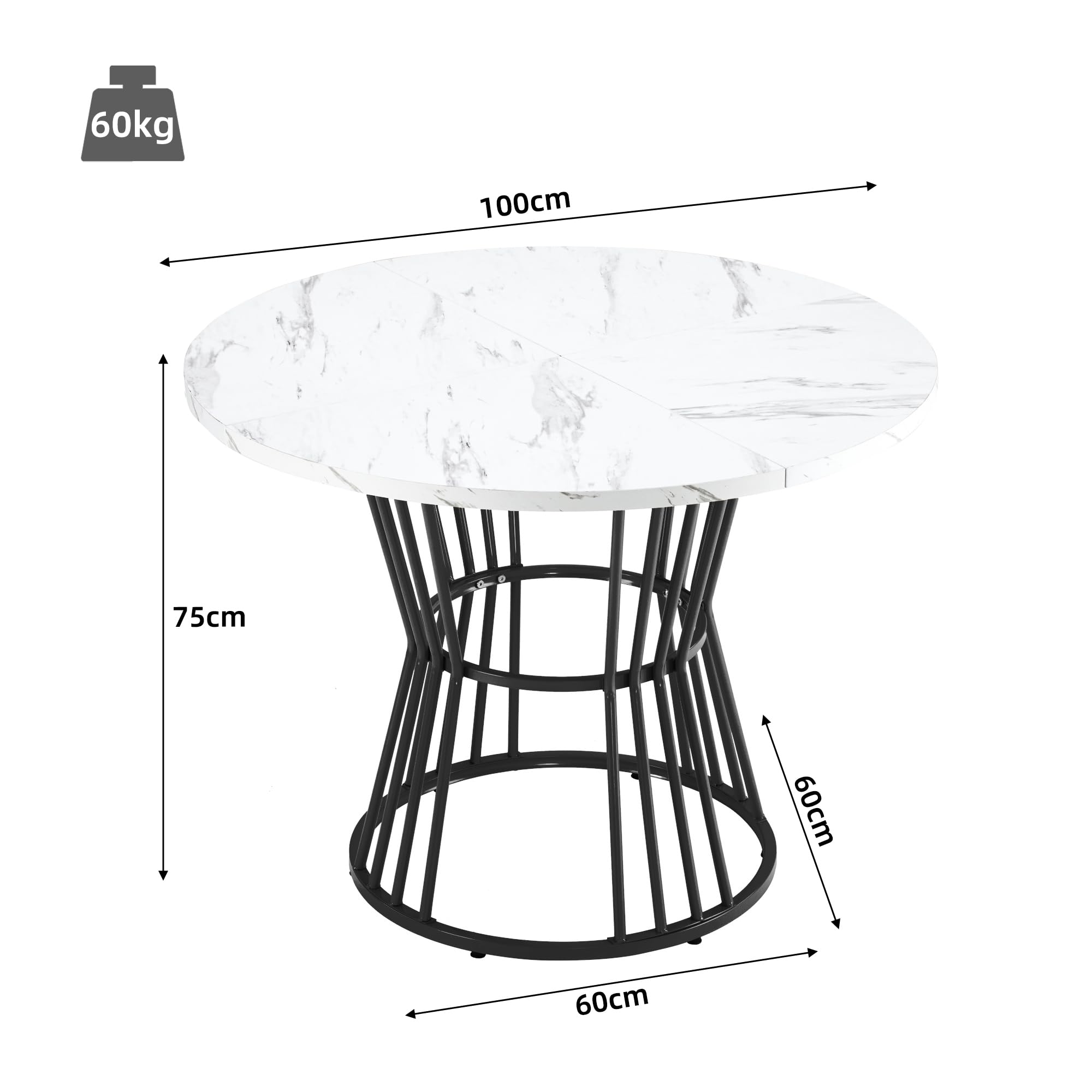 Table à manger ronde 100 cm avec aspect marbre et structure en métal noir - Table de cuisine pour 4 personnes - Peu encombrante pour le bureau à domicile et le salon