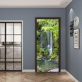 artfanke 3D Peel and Stick Door Sticker 30.3'x78.7'-Self-Adhesive Door Murals Wallpaper-Green Forest Waterfall Wall Decal for Home Decor (2 Sheets/Set)