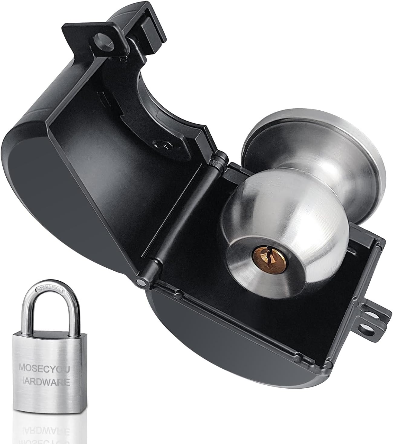 Door Knob Locking Cover with Padlock, Heavy Duty All Metal Version, Adjustable Design, Lockout Device to Disable Doorknob, Prevents Turning & Block Keyhole Access, Safety for Child/Elderly