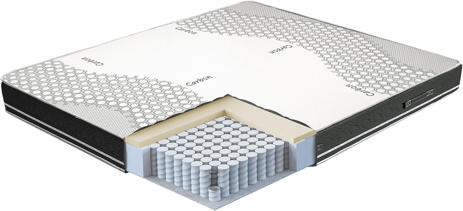 Colchón de matrimonio de 170 x 200 cm, espuma viscoelástica + muelles embolsados, altura 25 cm – Dispositivo médico ortopédico, semirrígido, revestimiento Carbon – Box System perimetral, 100%