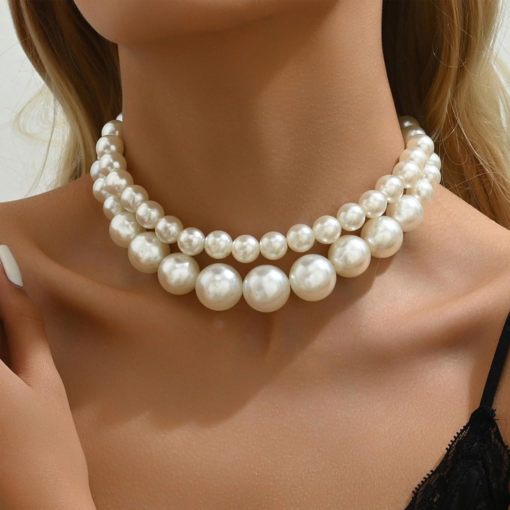 Layered Big Pearl Choker Necklaces for Women Fashion Adjustable Faux Pearls Necklaces Chunky White Large Beaded Necklace Jewelry Accessories - Image 2