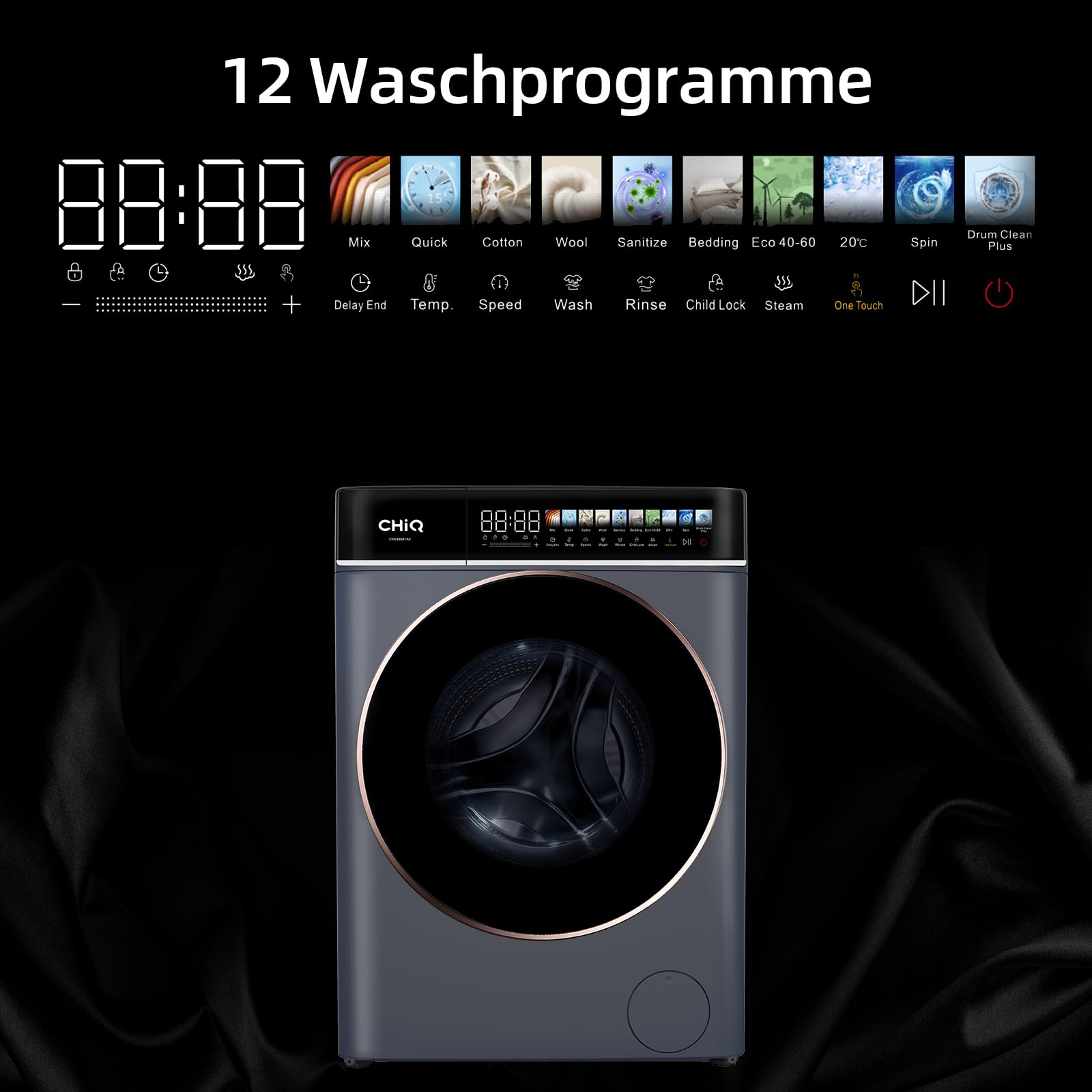 CHiQ Waschmaschine 8kg Frontlader, 1400 U/min, EEK A-15%, Touchscreen, Dampffunktion, 52cm tief, Schwarz