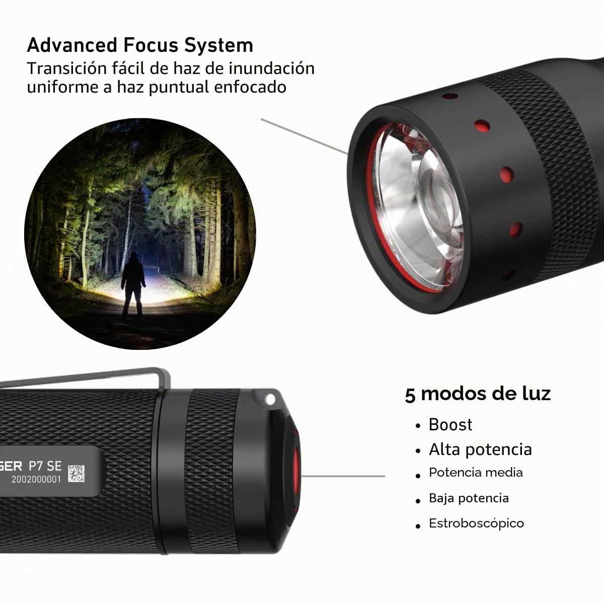 Ledlenser P7 SE LED Torch, 500lm, AAA Battery Powered, 320m Beam, IP54 | Hasta 25h de autonomía, enfoque ajustable, 3 modos de luz, 175g, IP54, funda incluida, ideal para senderismo