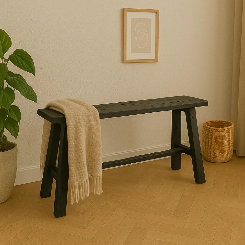 Teakholz Bank 80 cm | Schwarz | Handgefertigte Massivholzbank aus Altem Teak | Sitzbank ohne Lehne | Deko Bank für Wohnzimmer, Flur & Schlafzimmer
