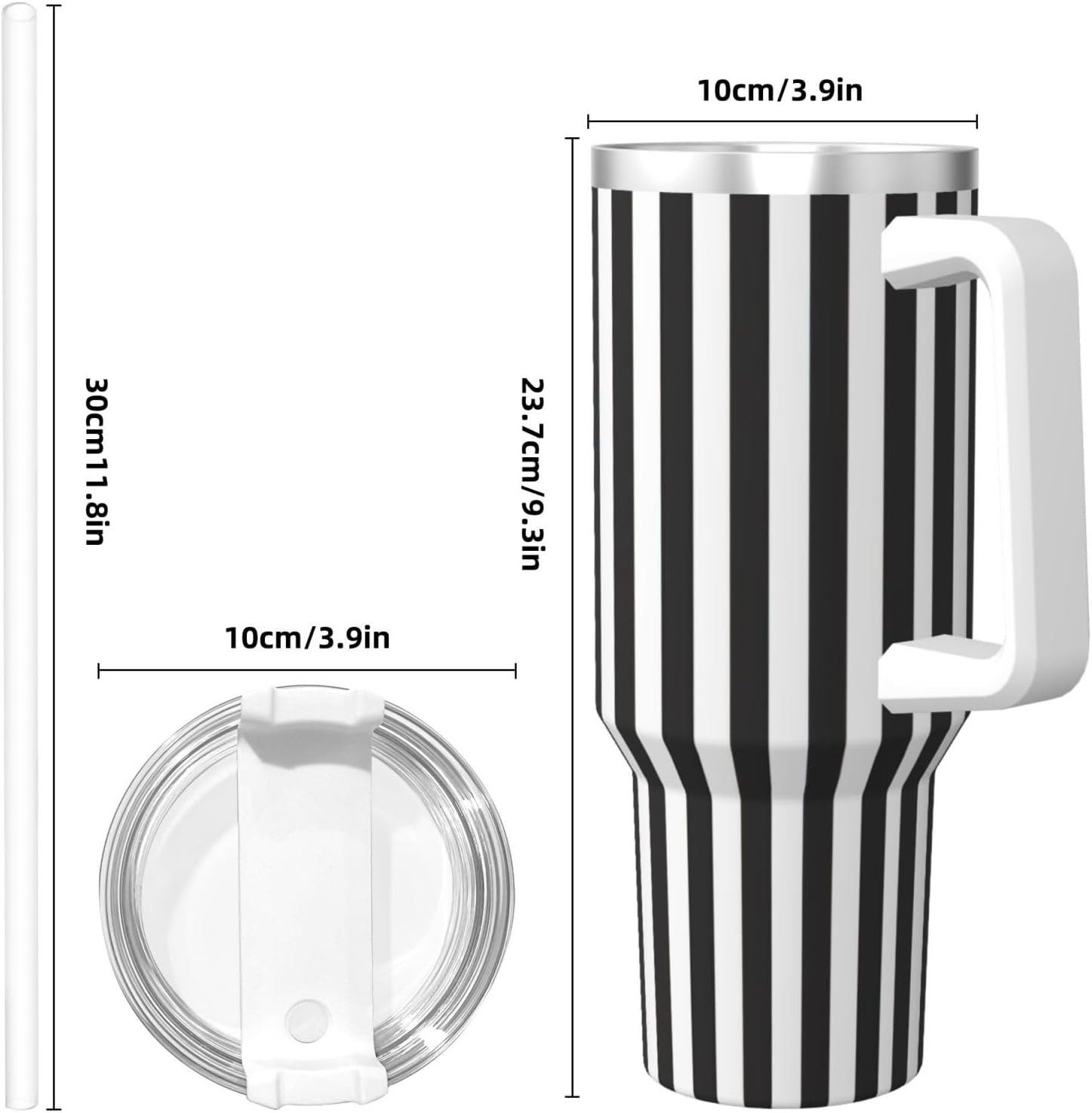 40 OZ Black & White Stripe Print Ice Bully Cup with Handle Straw Lid Straw,Stainless Steel Tumbler Coffee Cup