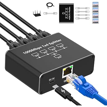 Oliveria LAN Splitter 1 to 4 1000 Mbps Ethernet Splitter LAN Switch 4 Port with Type-C Power Cable Gigabit Switch for Computer Hub Switch Router Set-Top Box Digital TV etc