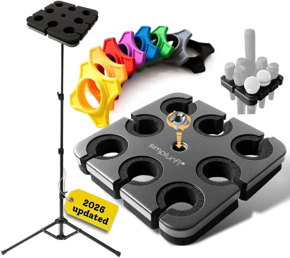Multi Microphone Holder with floor Mic Stand - Square Tray Attachment holds up to 8 mics On Stage Organizer and Display - 8 Anti-roll Rings Included