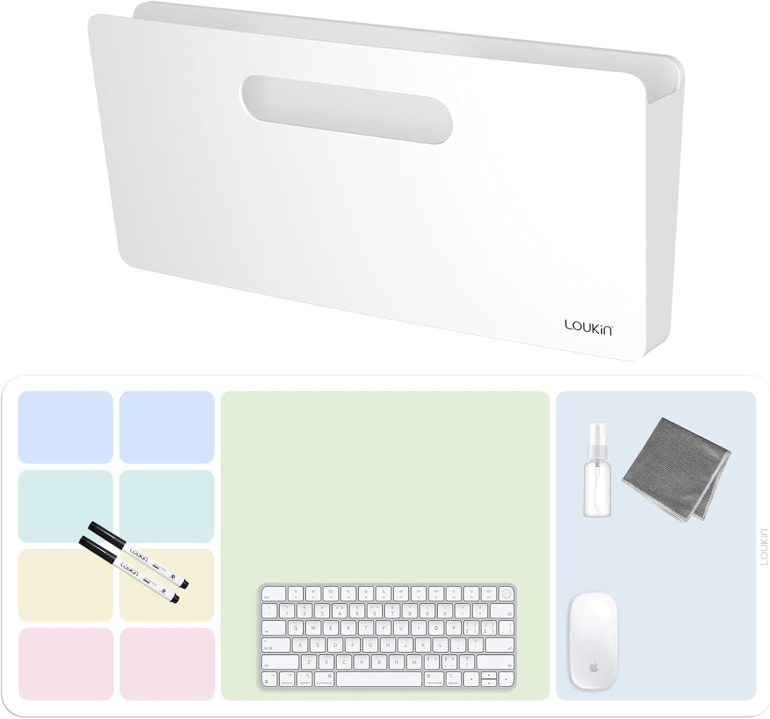 LOUKIN Dry Erase Desk Mat Bundle | 32"x14" Dry Erase Desk Mat, Includes 2 Wet Erase Markers & 1 Cleaning Cloth + Magnetic File Holder, Vertical File Folder Organizer (White)