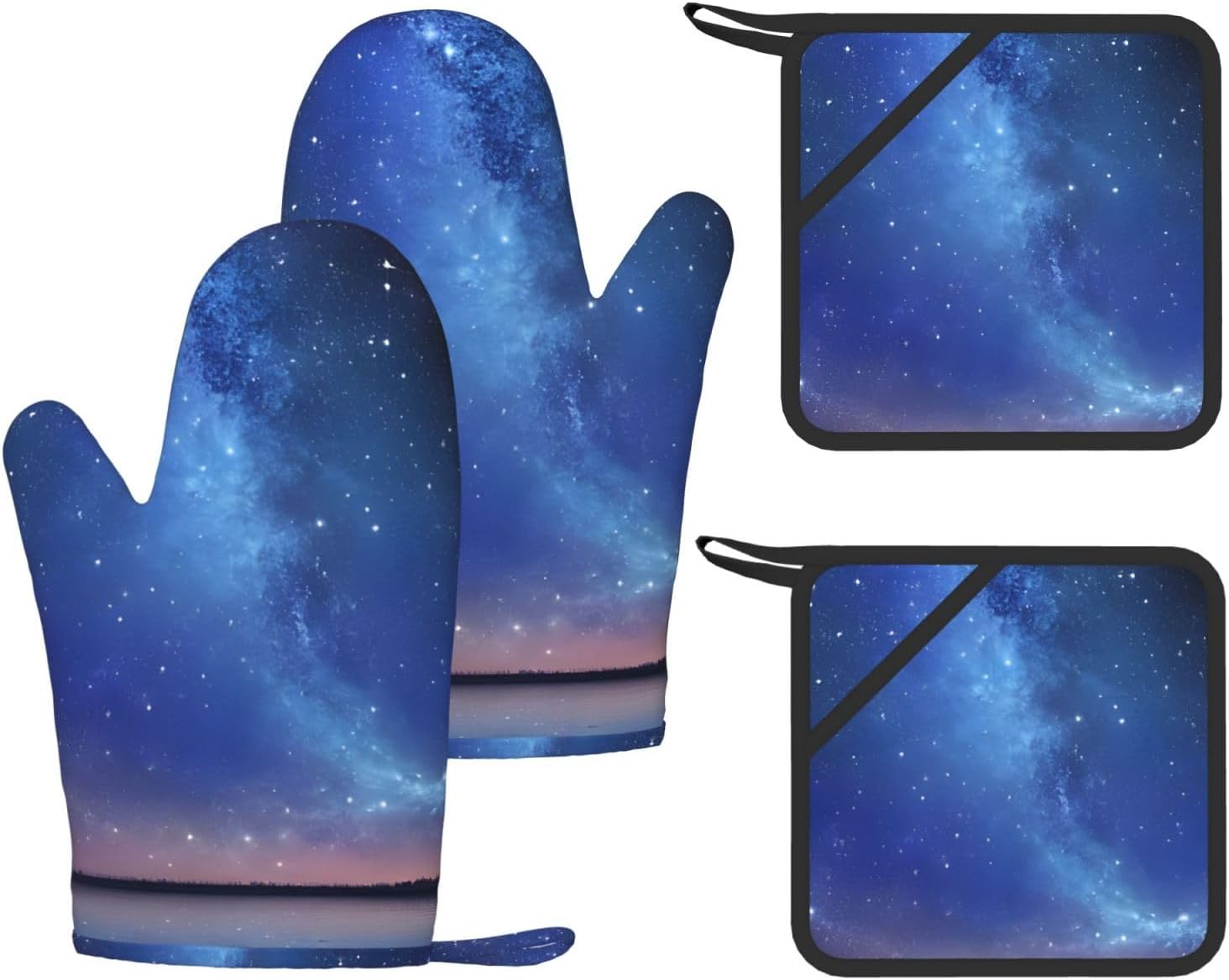 Northern Lights 4pcs Oven Mitts and Pot Holders Sets for Kitchen, Silicone Oven Gloves Non-Slip Potholders Hot Pads for Baking Cooking
