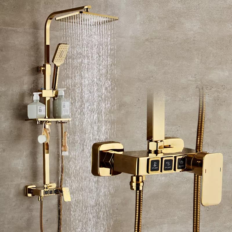 Brass Thermostatic Rainfall Shower Panel with Hand shower + overhead rectangle Shower /3 In 1 Shower Set For bathroom (Gold Glossy)