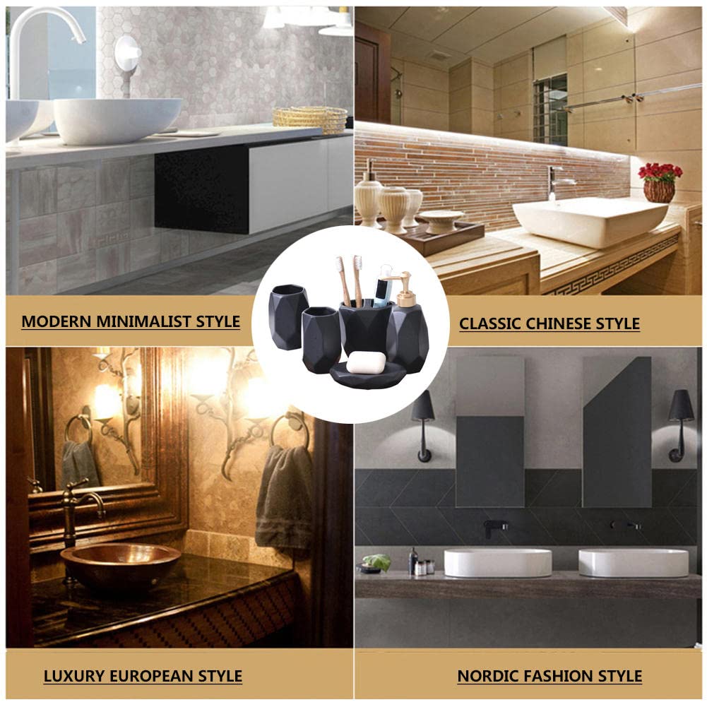 JINYISI Juego de accesorios de baño, juego de accesorios de baño de cerámica de 5 piezas, juego de soporte para cepillo de dientes, accesorios de baño (negro/blanco)