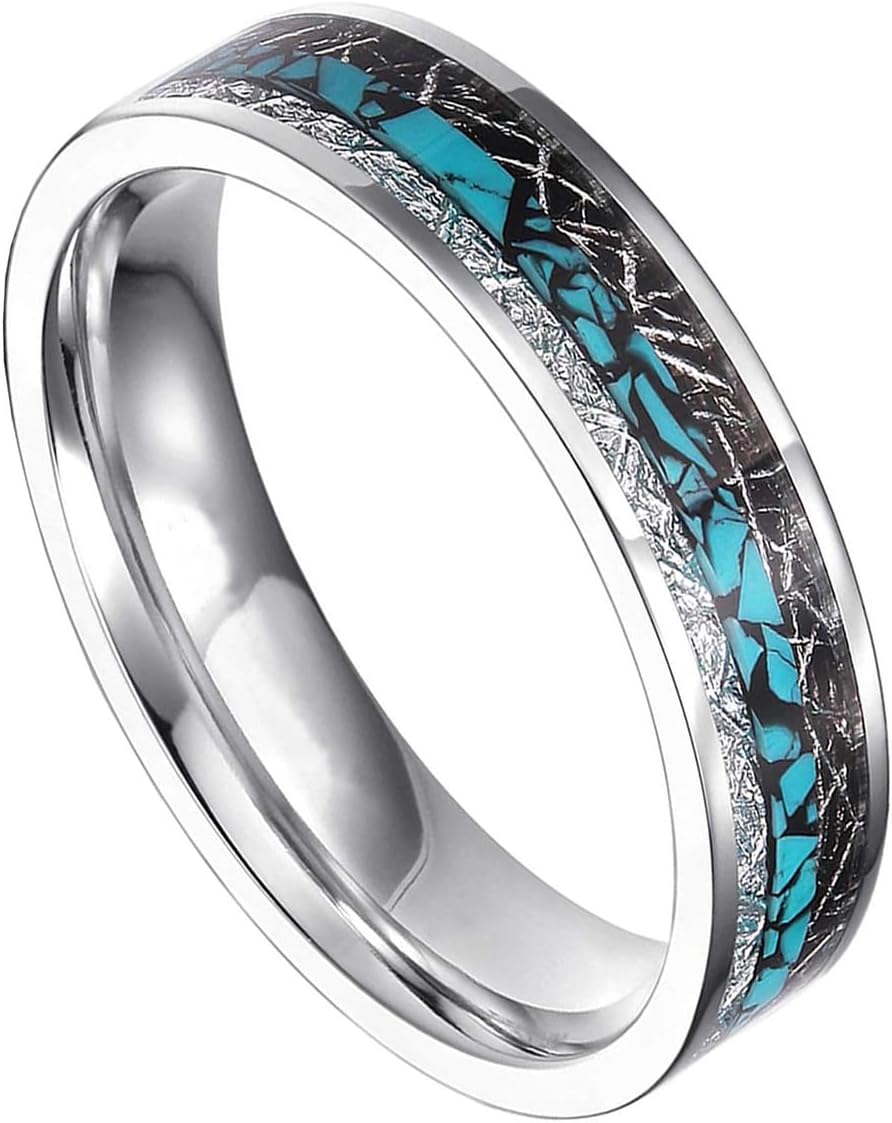 (6mm) Unisex or Women's Tungsten Carbide Wedding Ring Band. Silver band with Triple Color Turquoise, and Black and Silver Tone Inspired Meteorite Inlay.