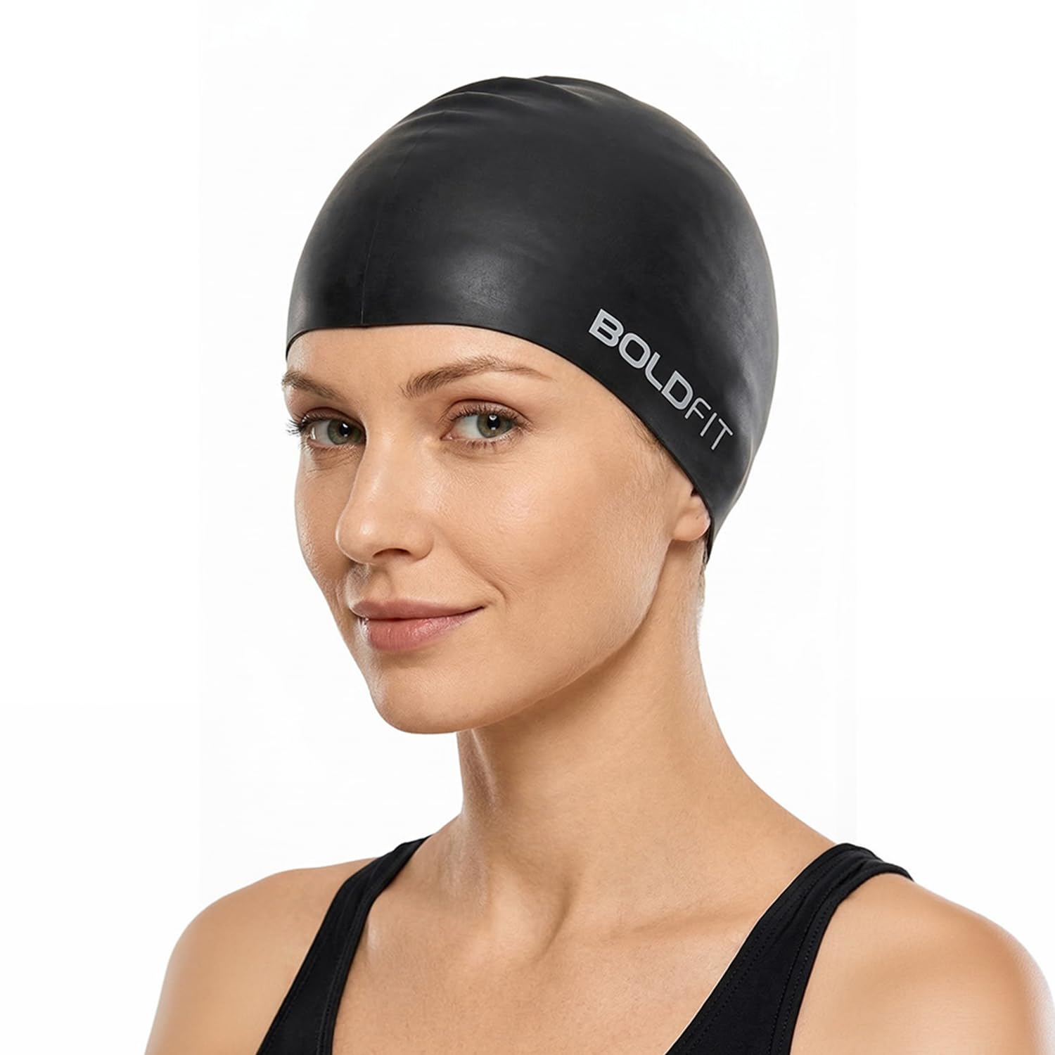 Boldfit Swimming Cap for Men Silicone Swimming Caps for Women Unisex Swim Cap for Boys, Girls and Kids Swimming Cap for Women Long Hair Swimming Head Cap Men Silicone Fabric, Easy Fit - Black