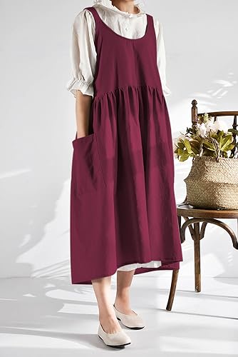 Miniatura 2 de NEWGEM Delantal de lino y algodón con espalda cruzada para mujer, con bolsillos, lindo vestido japonés coreano, color rojo púrpura