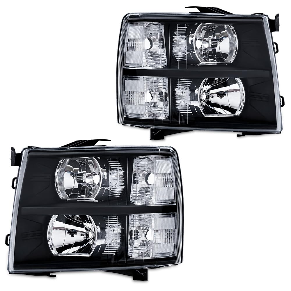 CHEDA Headlight Driver & Passenger Side 2 PCS Compatible with Chevy Silverado 1500 2007-2013 Clear lens Black Housing Clear Reflector Headlamp