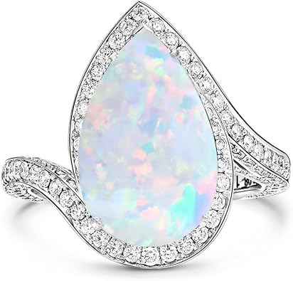 925 Sterling Silver Pear Opal Ring, Modern Halo Design, Opal & Moissanite, White Stone, 6x10mm, Female, Engagement & Wedding, Prong Setting