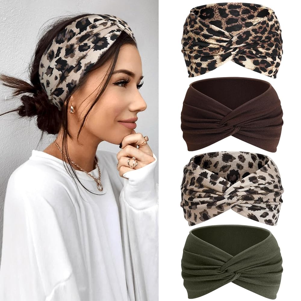 Kavya Haarband Damen Stirnband Damen 4er Pack – 7'' Extra Breit Haarbänder Dünn, Elastische Kopftuch Weiche Boho Mehrfarbig Headband, für Yoga, Kosmetik, Sport & Haarschmuck Sommer