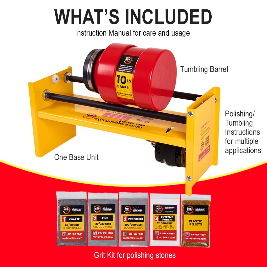 MJR Tumblers Commercial Duty 10lb Rock Tumbler w Free Grit Kit. Capable of Running 4 Different Barrel Sizes and Combinations. Extreme Quality and Durability. A USA Disabled and Veteran Owned Company.