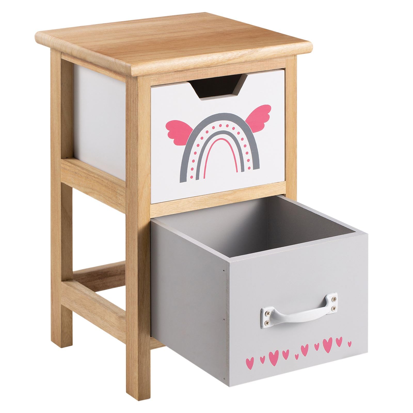 IDIMEX Table de Chevet Enfant ESTA Petite Commode en Bois de Paulownia Naturel, 2 tiroirs Gris et Blanc aux Motifs Arc-en-Ciel
