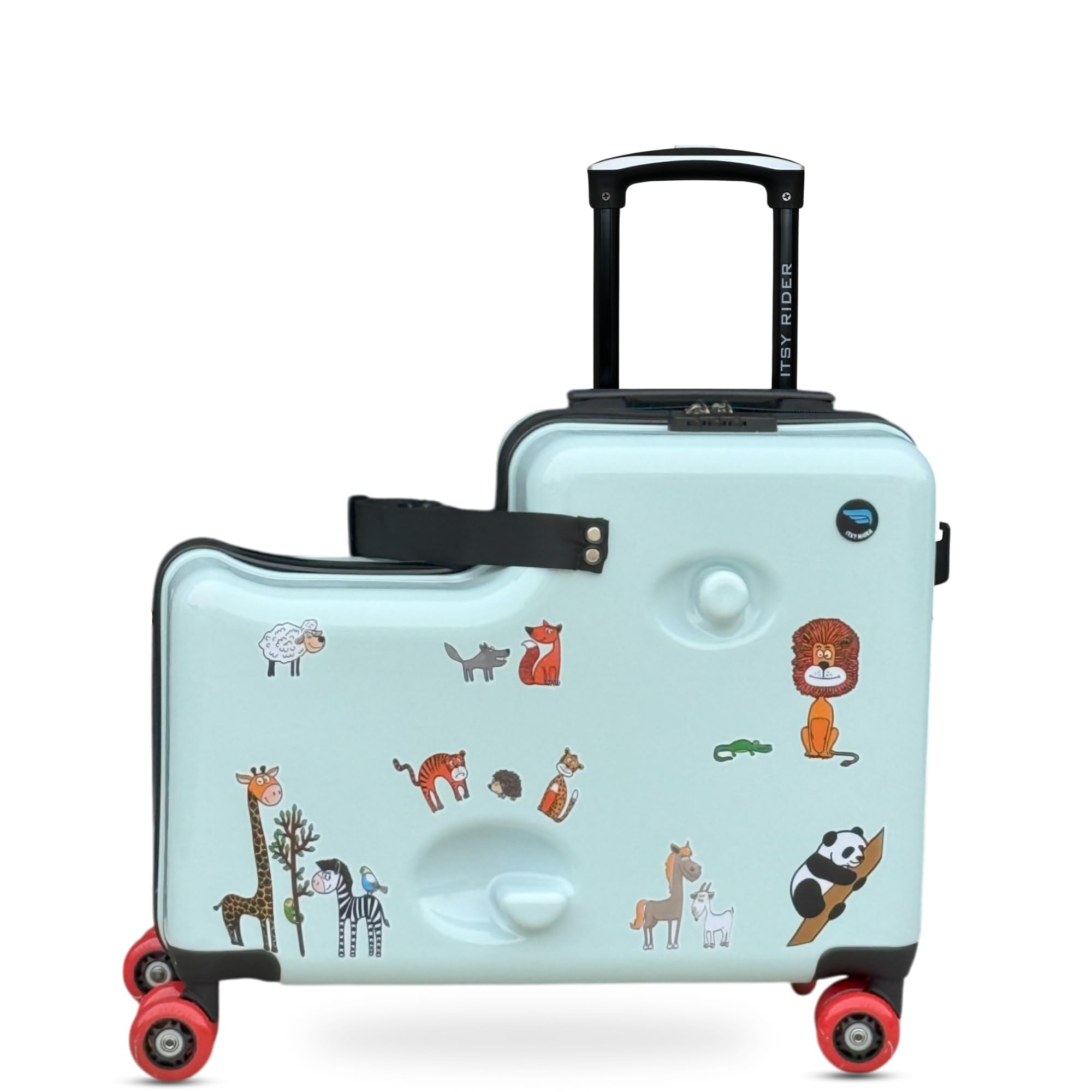 Itsy Rider 20" Ride-on Suitcase for Kids with Double Spinner Red Wheels (Green Safari)