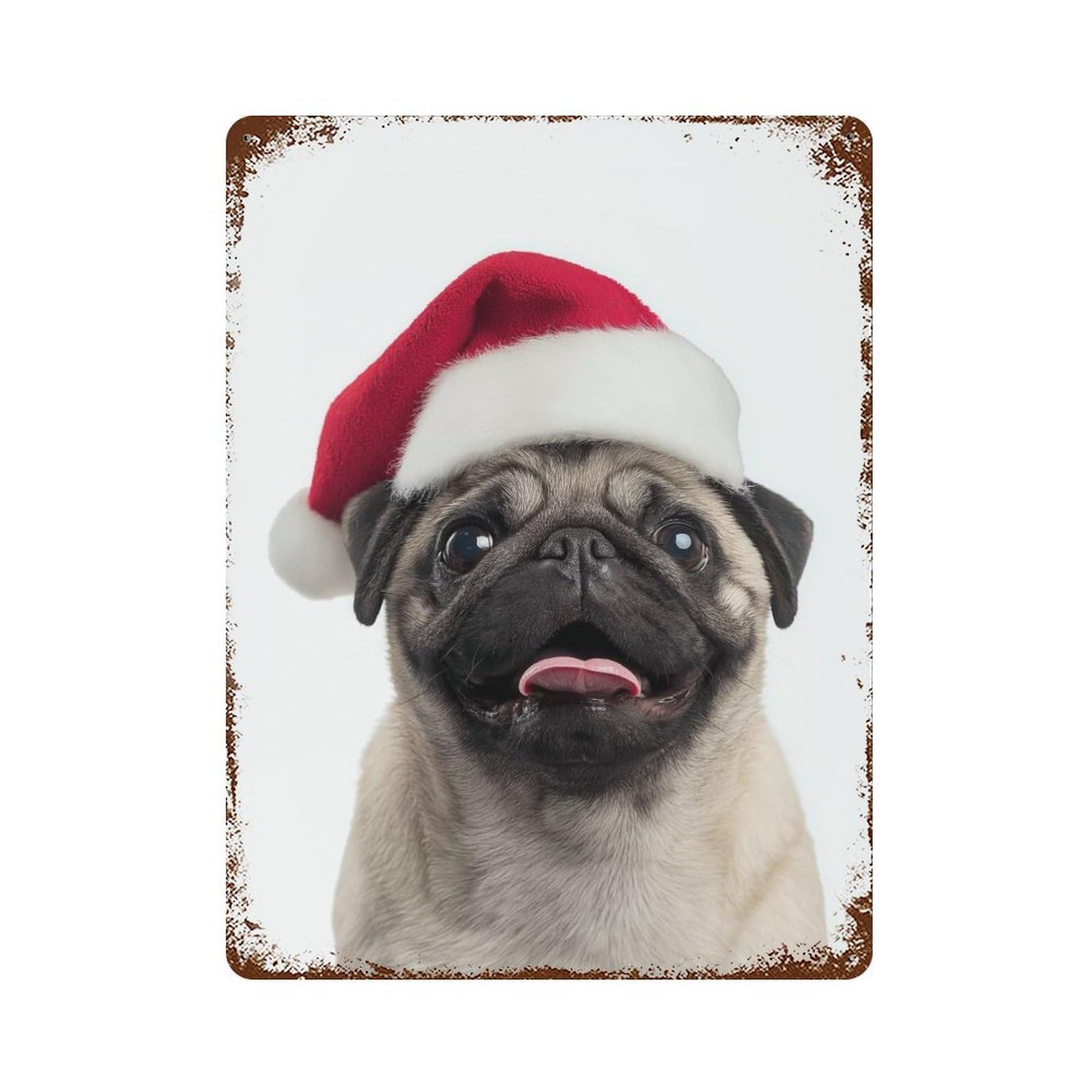 Garage Style Christmas Pug with Santa Hat Aged Metal Wall Plaque 15.7"x11.8", Farmhouse Wall Decor for Bar And Workshop