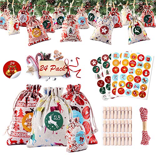 Jane Choi Adventskalender zum Befüllen Stoffbeutel, 24 Adventskalender Selber Befüllen für Männer Mädchen Kinder, Weihnachten Geschenksackerl DIY Jute Säckchen mit 1-24 Stücke Adventszahlen Aufkleber