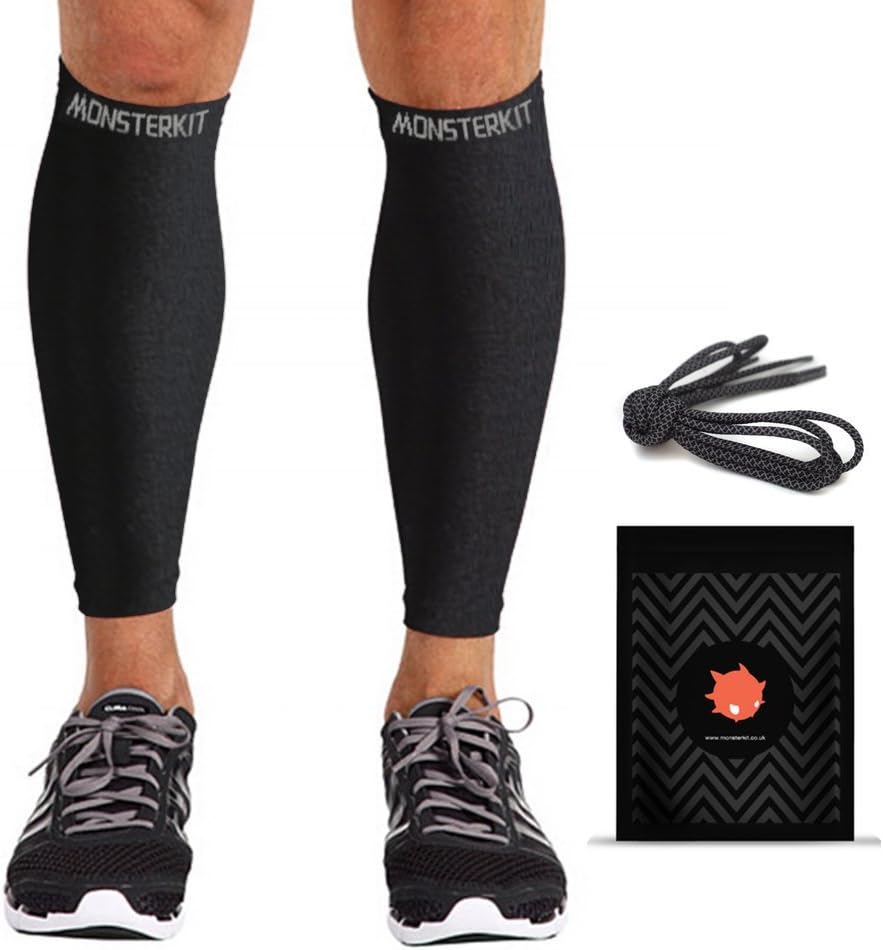 Calf Compression Sleeves including Reflective Laces - Best Calf Support / Shin Guards / Calf Guards for Running, Cycling, Crossfit, Hiking, Deadlift, Basketball - Premium Graduated Seamless Compression for Men and Women - MonsterKit Guarantee