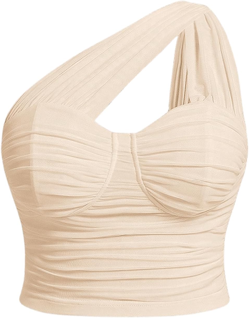 MakeMeChic Women's Plus Size One Shoulder Solid Ruched Bustier Corset Sleeveless Crop Tank Top