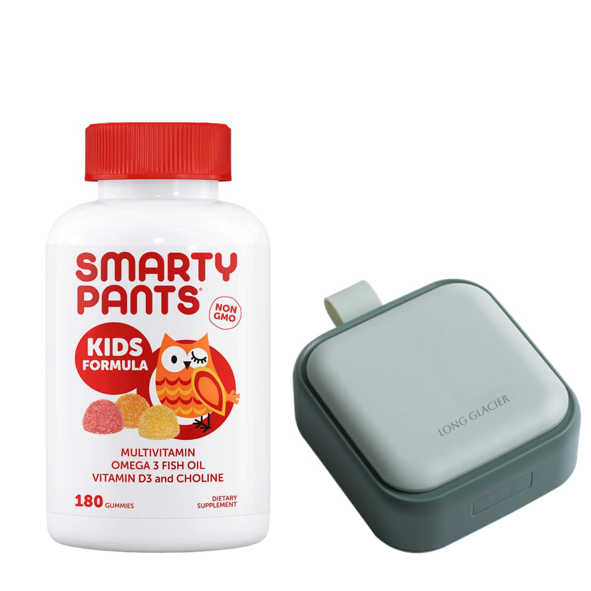 SmartyPants Kids Complete Multivitamin, 180 Gummies Bundle with Long Glacier Pill Oragnizer, Small Cute Pill Container for Medicine, Vitamins, Fish Oils, Supplement, Green