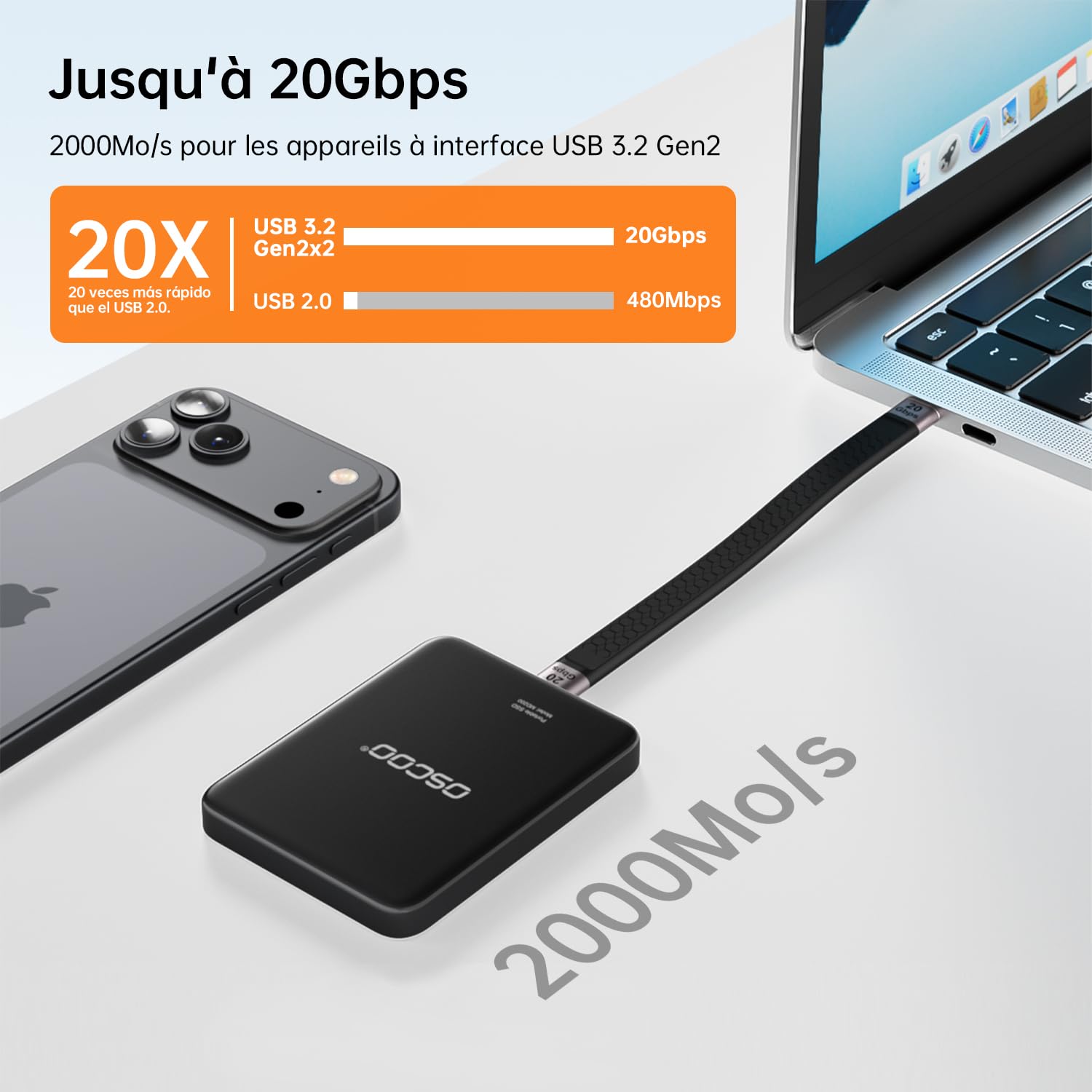 MD200 2To SSD Externe Portable Magnétique, Vitesse jusqu'à 2000Mo/S, USB 3.2 Gen2 USB-C Disque Dur Externe, Compatible avec PC, Mac, MacBook/Pro/Air
