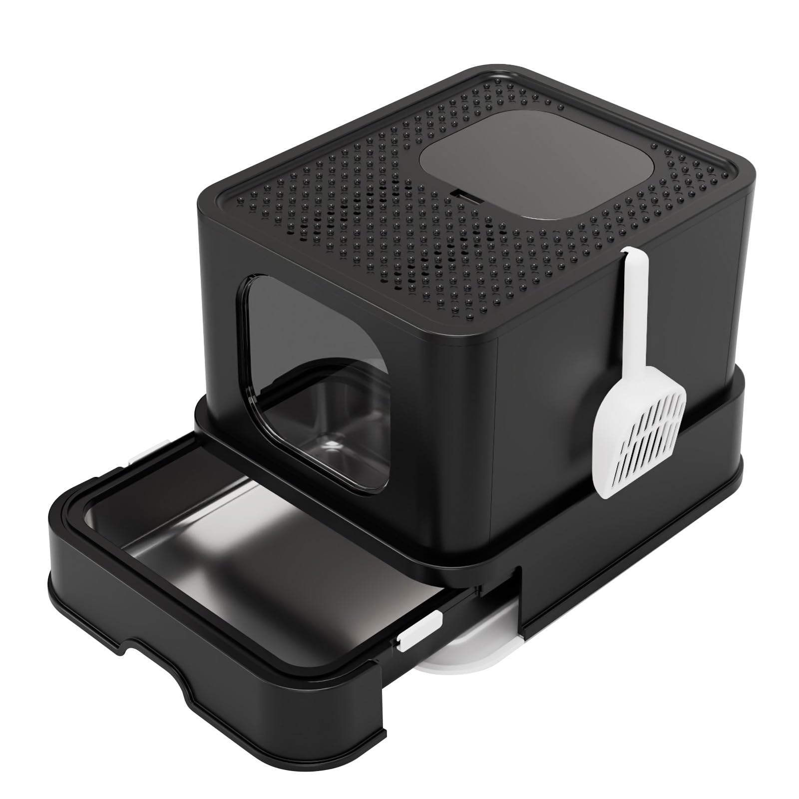 RIZZARI Stainless Steel Cat Box: Spacious Black Enclosed Top-Entry - Teflon Coated Pan Resists Sticking - Reduces Tracking & Odor - Leakproof & Easy to Clean - Fits Large Cats in Living Room Garage