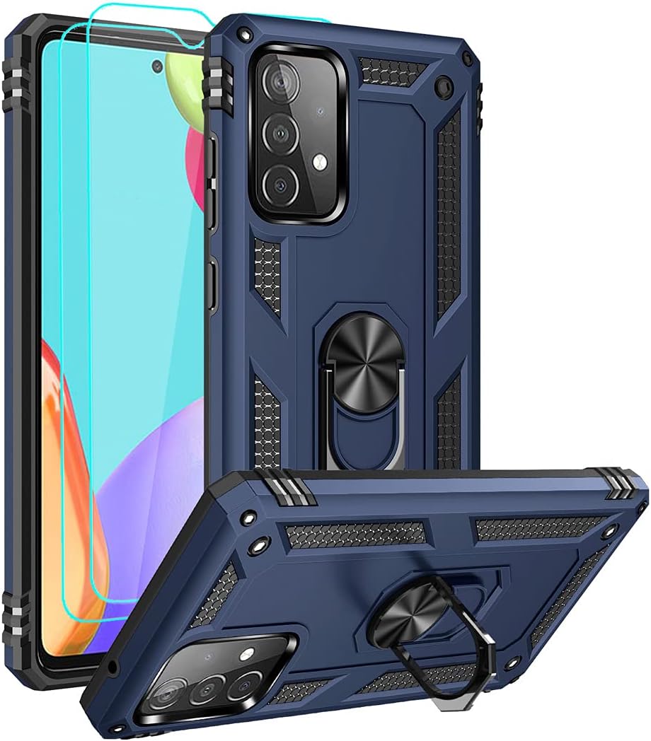 for Samsung A52 Case, Galaxy A52 Case with HD Screen Protector, Military-Grade Ring Holder Kickstand Car Mount 15ft Drop Tested Shockproof Cover Phone Case for Samsung Galaxy A52, Blue