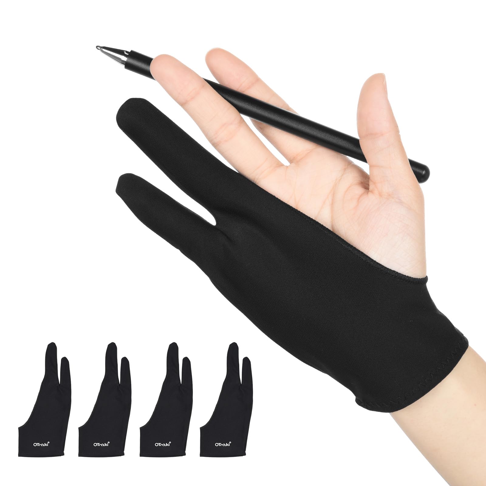 OTraki 4 PCS Guanto Tavoletta Grafica Nero 7.7X20.5cm Guanto per Disegnare Antivegetativa,Guanti Artista Due Dita Mano Destra e Mano Sinistra Accessori per Disegno Digitale Tablet da Disegno Grafico