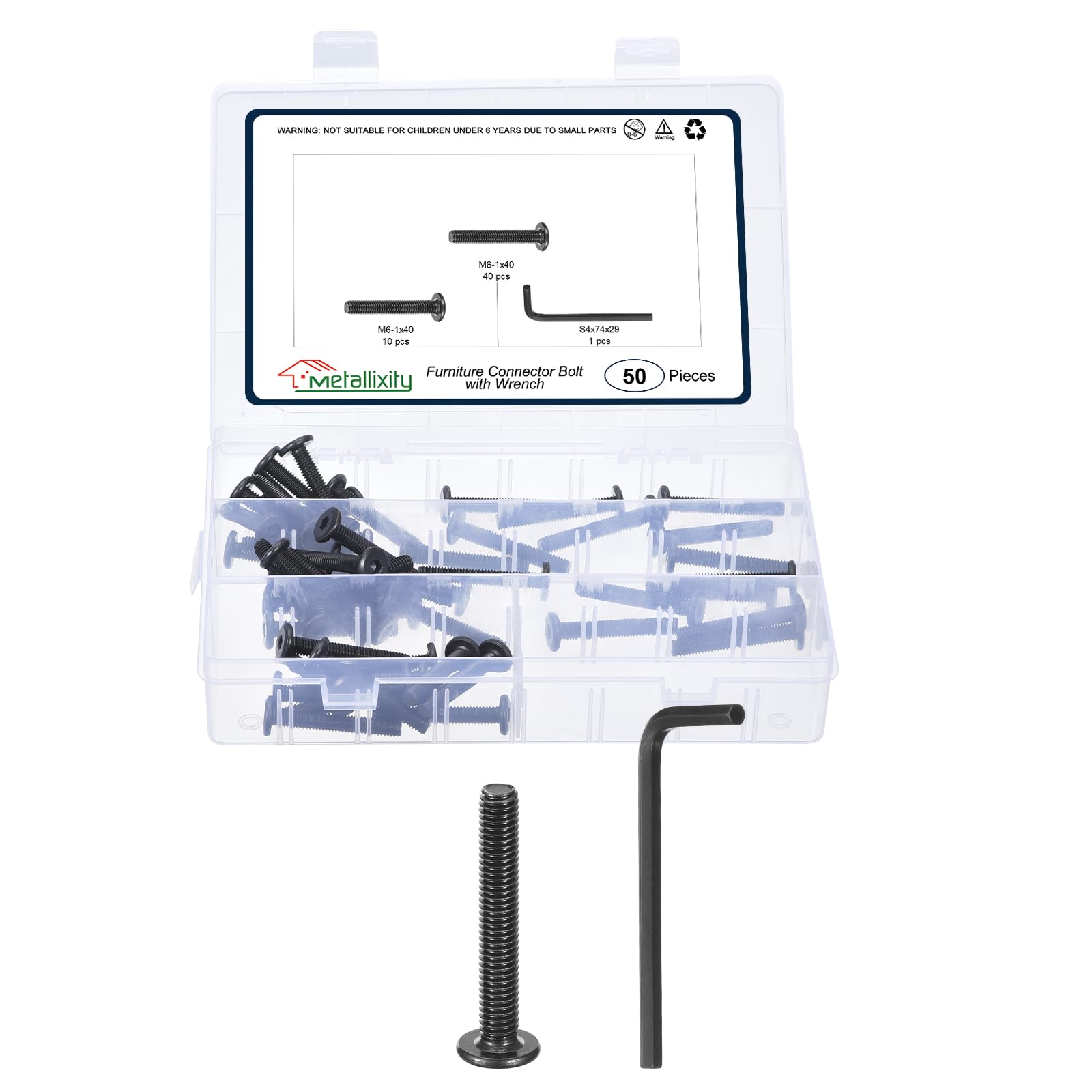 METALLIXITY Flat Head Hex Socket Cap Screws Bolts(M6-1x40) 50Pcs, with Wrench Steel Hex Socket Furniture Bolts Screws