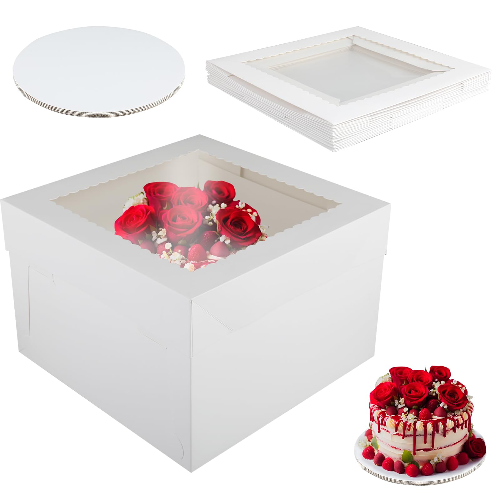 Zestaw pudełek na tort 12x12x8inch (30x30x20cm) – 5 sztuk wysokich kartonów na tort z okienkiem i 5 sztuk 2 mm dna na tort 12inch, pudełko na tort do ciast i tortów, pudełko transportowe