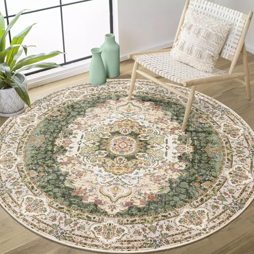 Castage Grüner runder, waschbarer Teppich, 122 cm, für Schlafzimmer,...