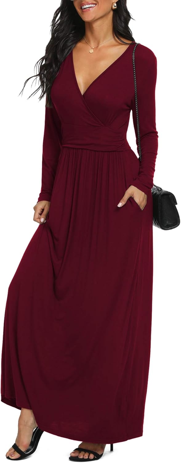 LILBETTER Women Long Sleeve Deep V Neck Loose Plain Long Maxi Casual Dress - Image 3