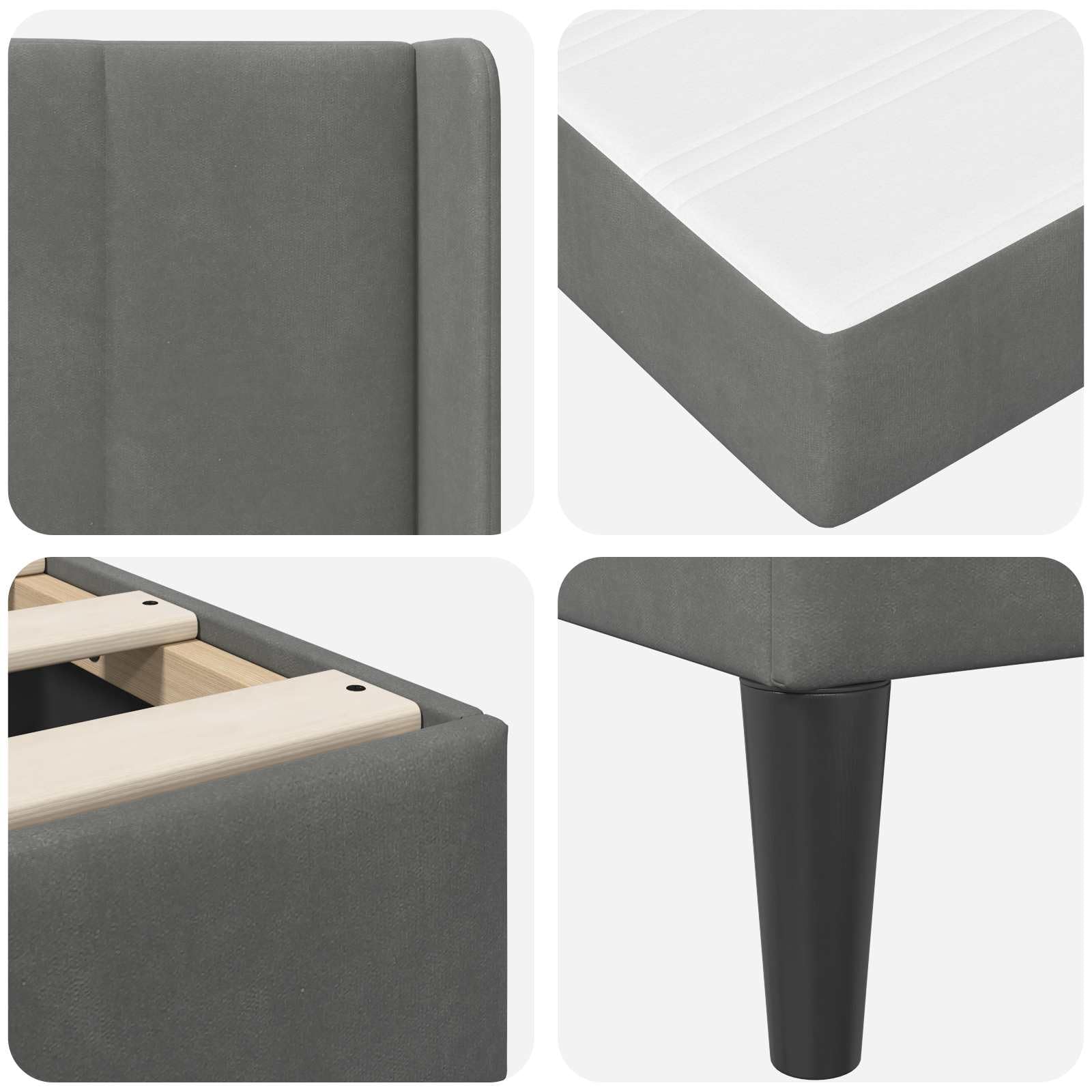 Ciemnoszara rama łóżka z materacem 100 x 200 cm, aksamitna poszewka, rdzeń ze sprężyn kieszeniowych, stelaż ze sklejki, ergonomiczna, oddychająca, nadaje się do prania, łóżko pojedyncze do