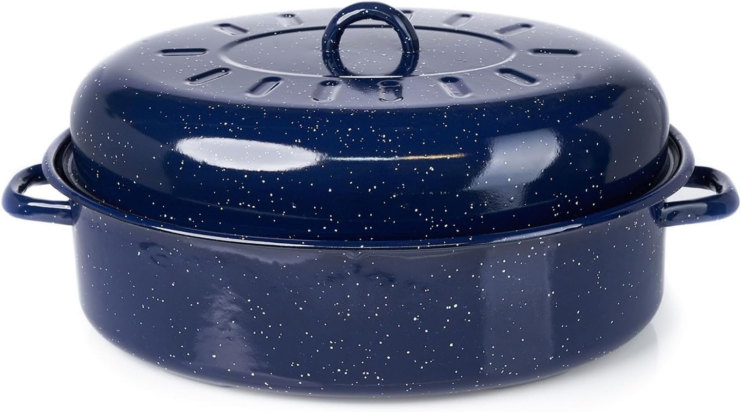 USA 18" Traditional Vintage Style Blue Speckled Enamel on Steel Covered Oval Roaster