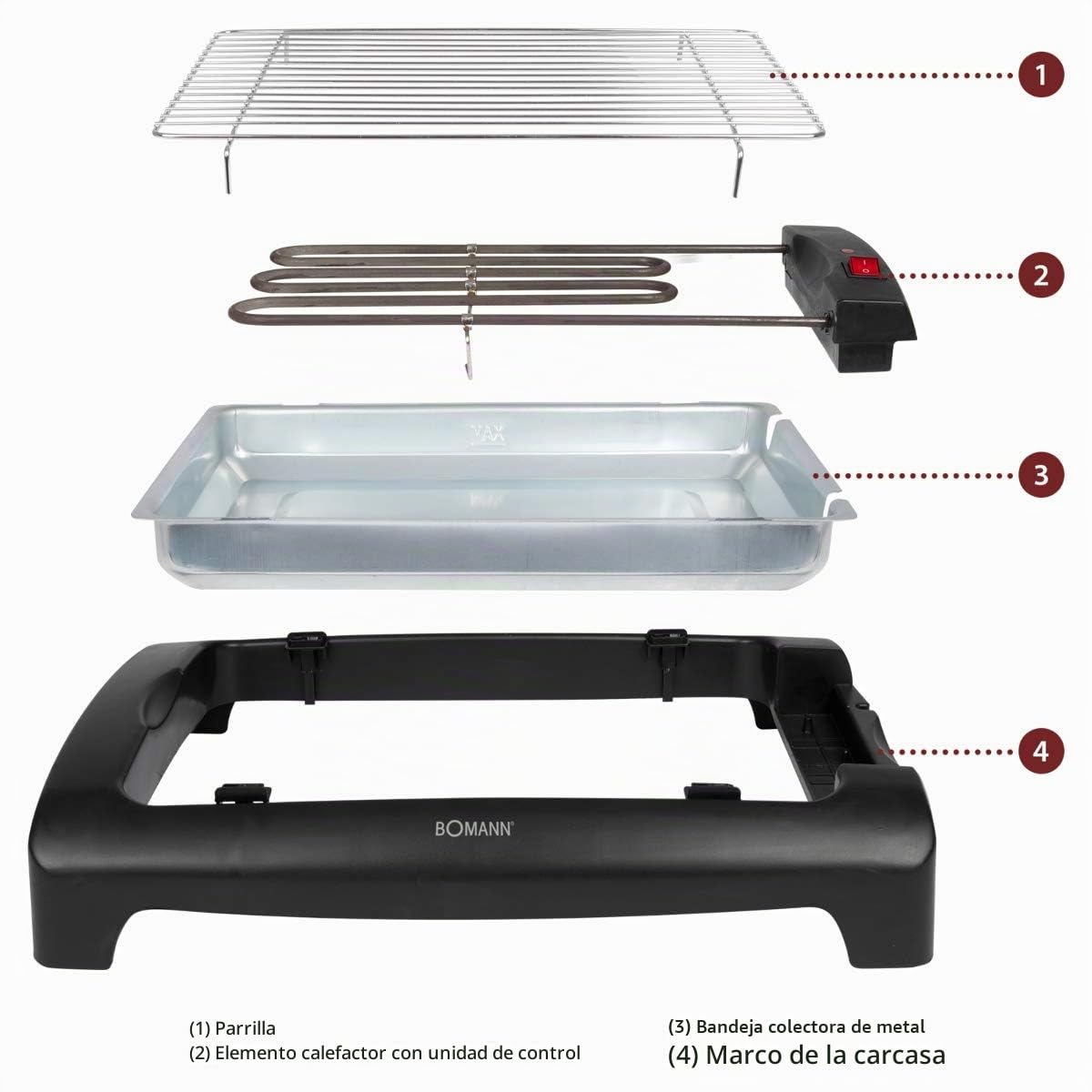 Bomann BQ 1240 N CB - Barbacoa eléctrica, parrilla cromada de 35,5 x 24,5 cm, 2000 W