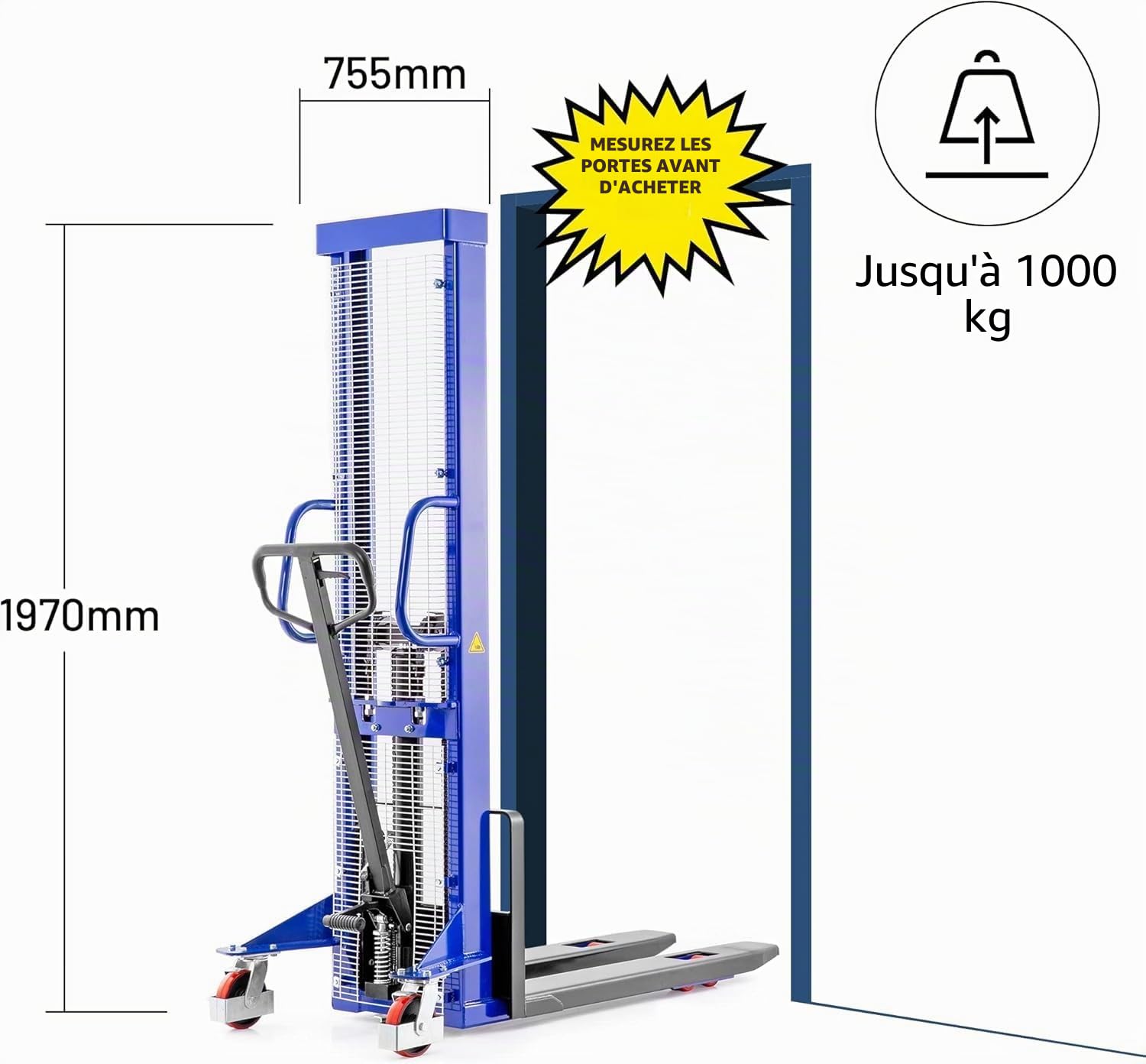 Pallit Gerbeur hydraulique LIFT-M | Hauteur de levage 1600 mm | Capacité de charge 1000 kg | Roues PU | Chariot élévateur