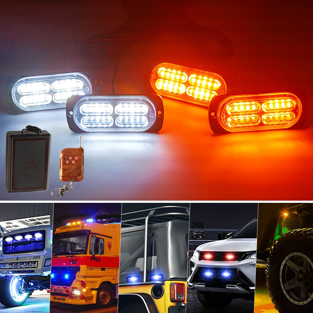 4x20 LED Lampeggiante Giallo&Bianco Polizia Lampada Lampeggiante Di Emergenza Con 18 Modalità Stroboscopiche Polizia Auto LED Luce Con Telecomando Wireless Per Auto Camion Trattori 12-24V