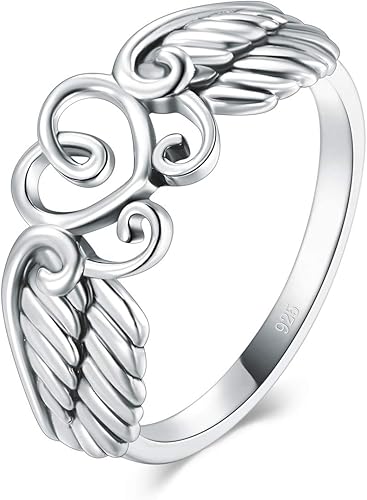 Anillo BORUO de plata esterlina 925, corazón de alto pulido con alas de ángel, talla 4-12