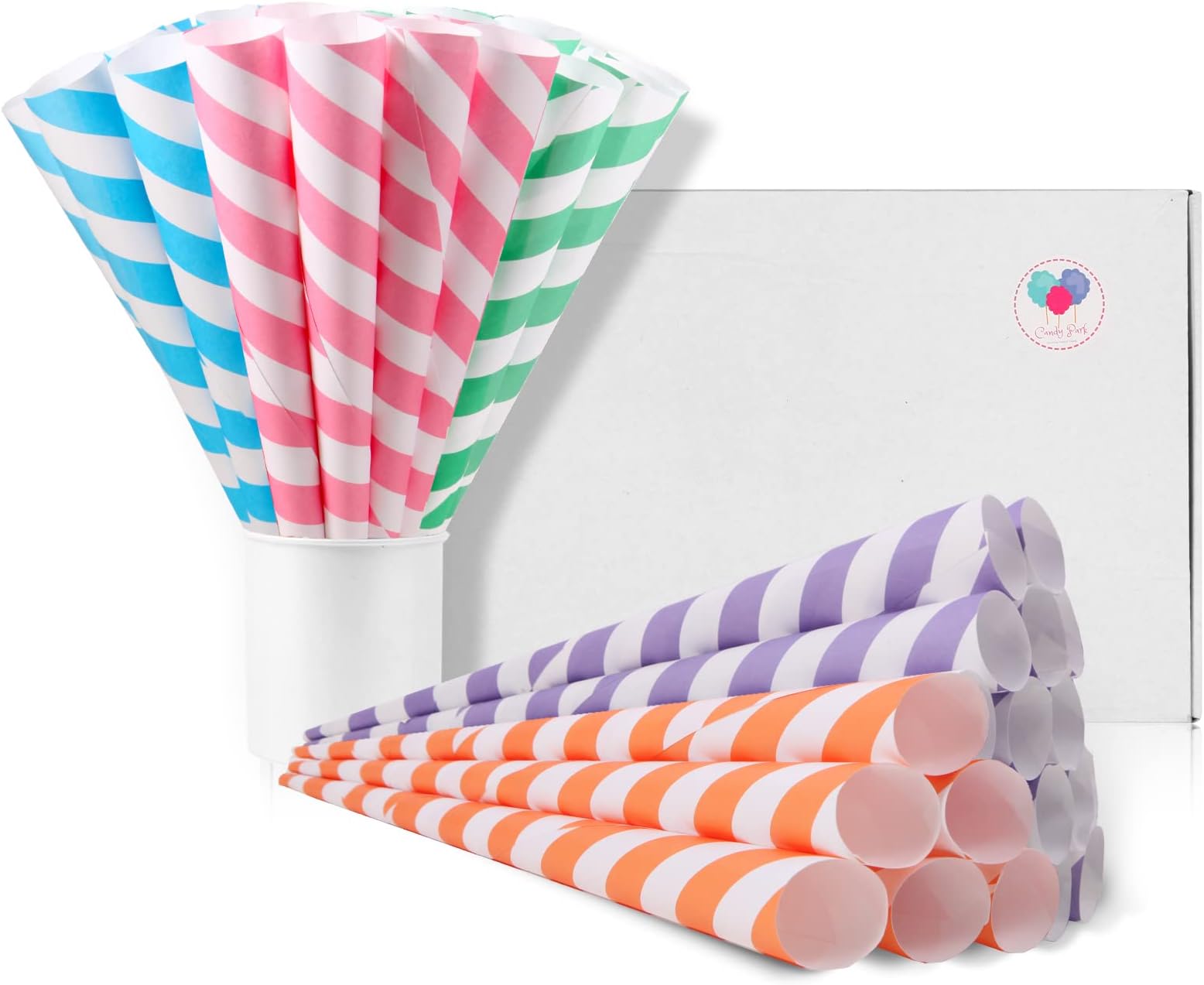Candy Park Premium Cotton Candy Cones 100 Pack Carnival Theme - Multicolor Cotton Candy Sticks for Cotton Candy Machines - Celebrations & Party Supplies