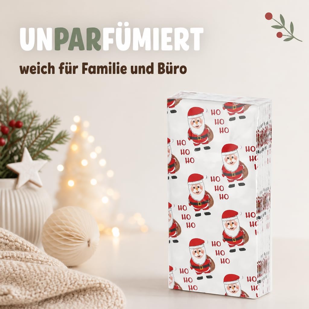 MIJOMA Set di fazzoletti di carta Ho Ho Ho Ho, 3 veli, 36 confezioni, stampati bianchi, pensierini di Natale, regali di Babbo Natale, desideri di guarigione, pratici e morbidi