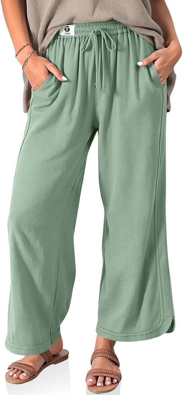 TARSE Women Linen Wide Leg Pants Casual Loose Drawstring Summer Beach Travel Vacation Palazzo Pants with Pockets