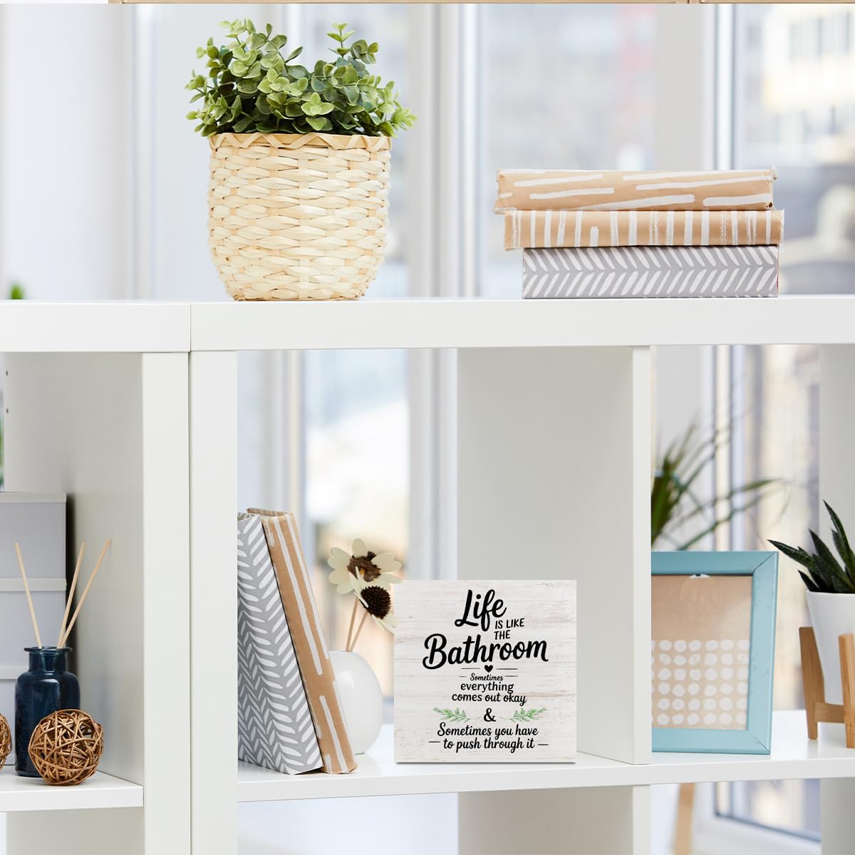 Life Is Like The Bathroom Wooden Box Sign 5"x5", compact wood plaque for washroom shelf, counter, desk, tabletop, casual farmhouse‑style restroom home‑decor piece image 4