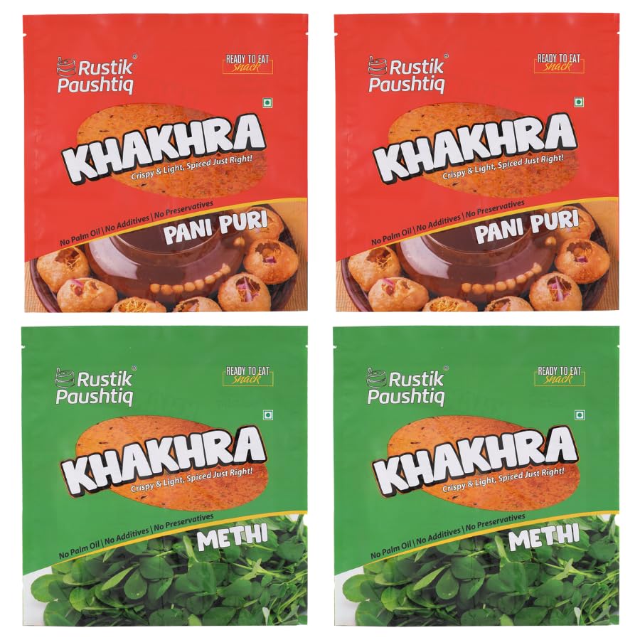 Image of RUSTIK PAUSHTIK Baked Khakhra Combo Pack - 200g Each | 2 Panipuri & 2 Methi Flavour | Roasted Gujarati Snack | High Fiber Diet | No Palm Oil | Ready to Eat Tea Time Snack | 800g